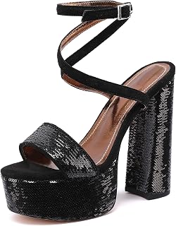 Platform Glittering Heels Sandals:Gold Chunky Block High Sandals Dance Party Pumps Open Toe Heels Ankle Shoes Rubber Sole Lace up