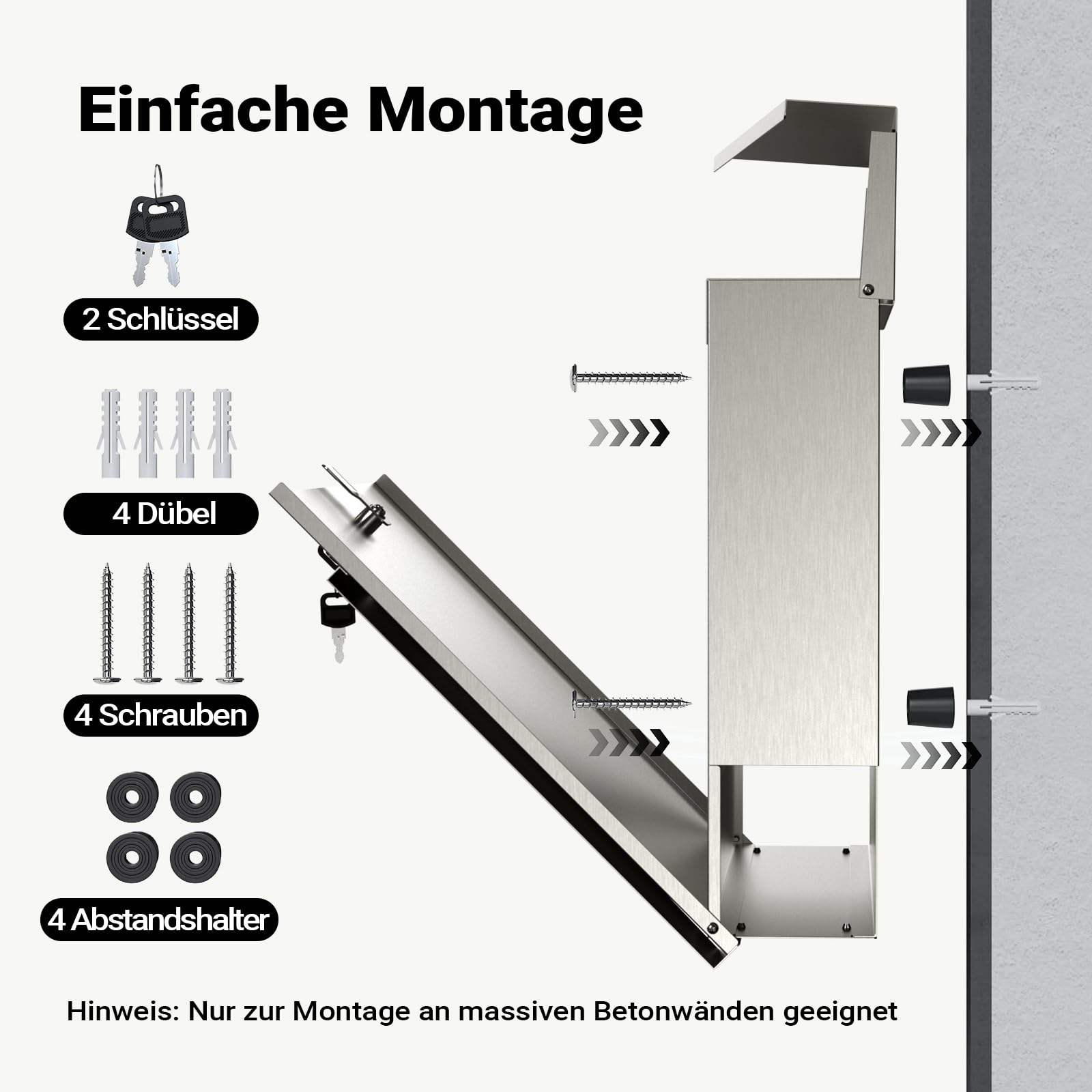 Wiltec Designer Briefkasten V23 Edelstahl 370 x 102 x 370 mm, Wandbriefkasten mit Schloss und Zeitungsrolle, Postkasten aus Stahl