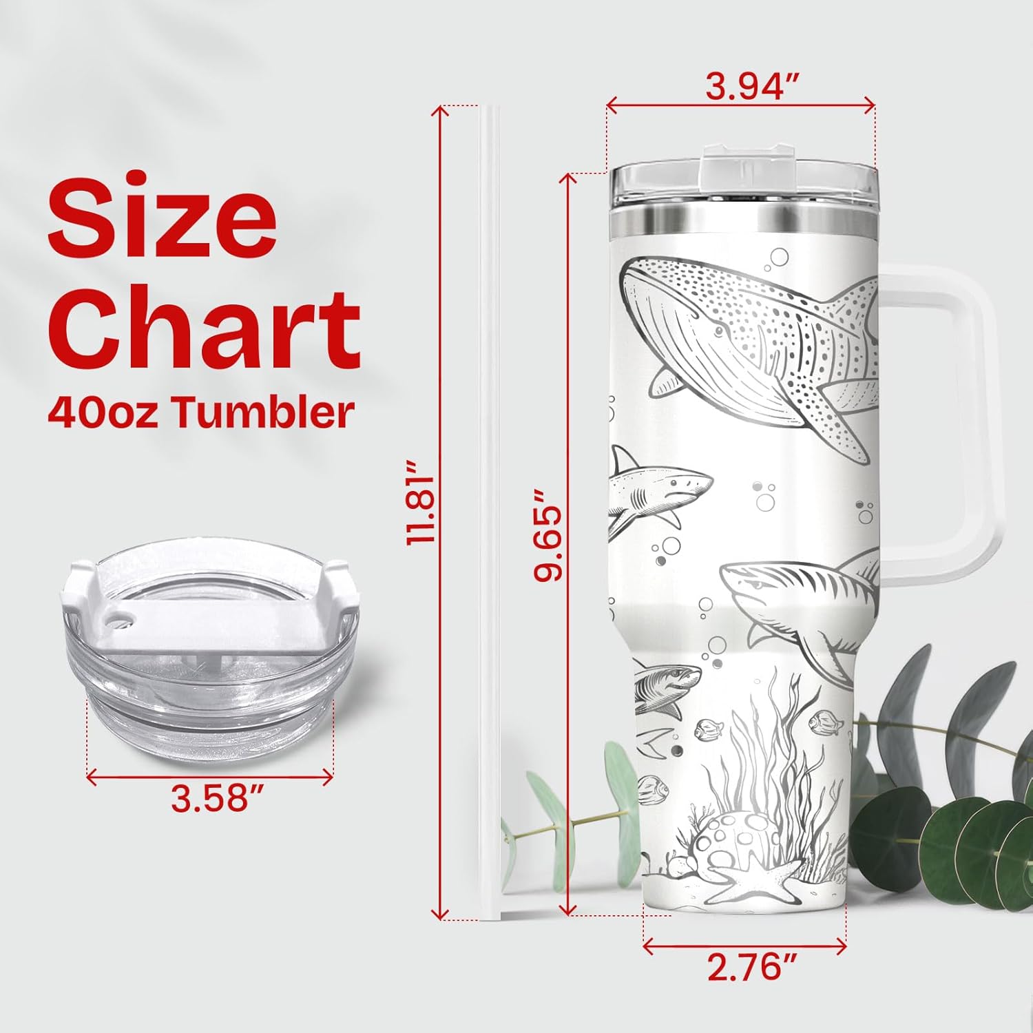 34HD Shark Ocean Tumbler 40oz with Handle and Straw, Vintage Sketch Sharks Creatures Insulated Travel Coffee Mug, Marine Life Gifts for Men & Women, Birthday Present to Him Her & Wildlife Lovers - Image 2