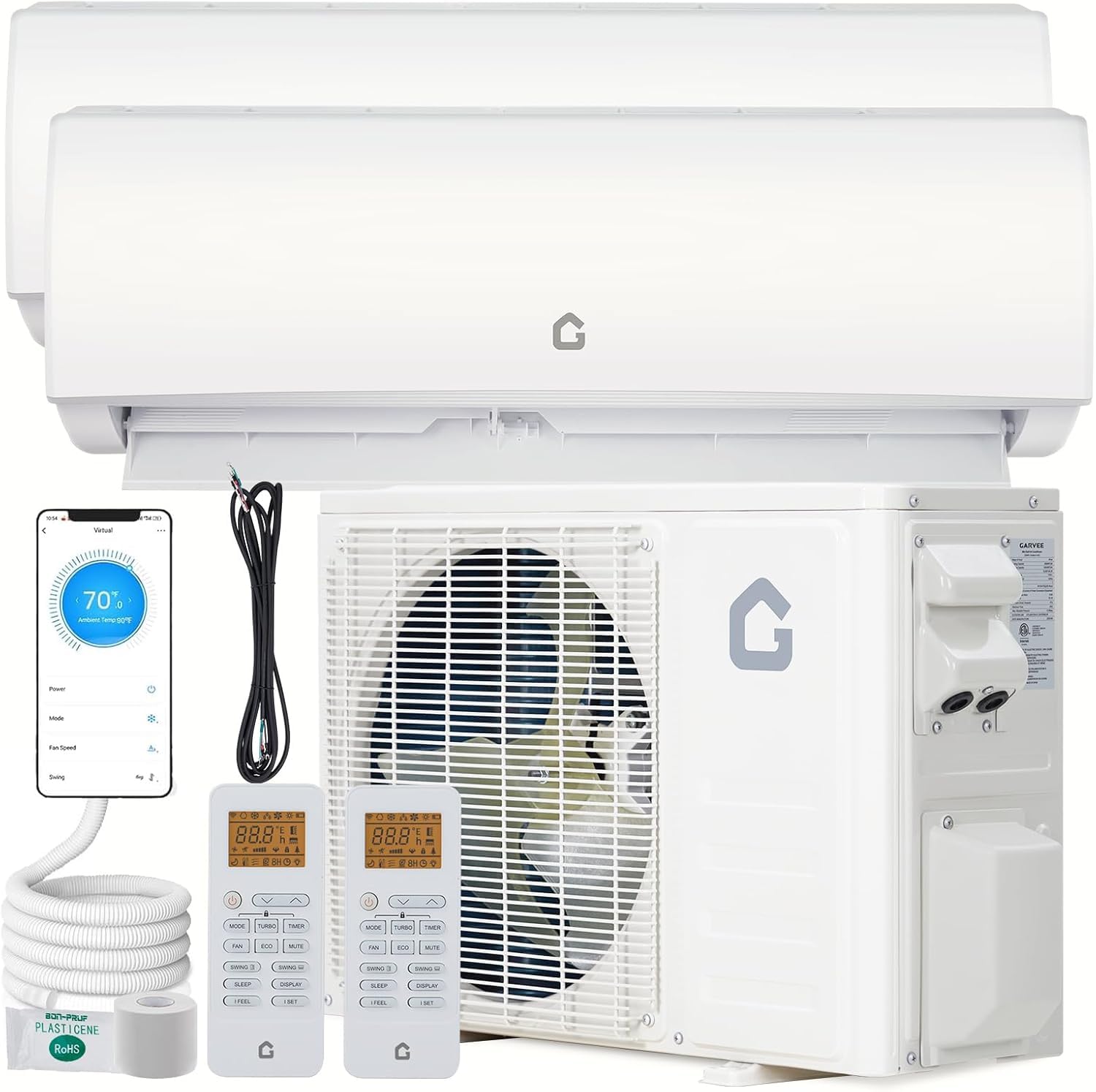 GarveeLife Dual Zone Mini Split AC/Heating System 28K BTU (12K+12K), 20 SEER2 Wall Mounted Air Conditioner with WiFi, 208-230V Heat Pump, Pre-Charged Condenser (Lineset Not Included)