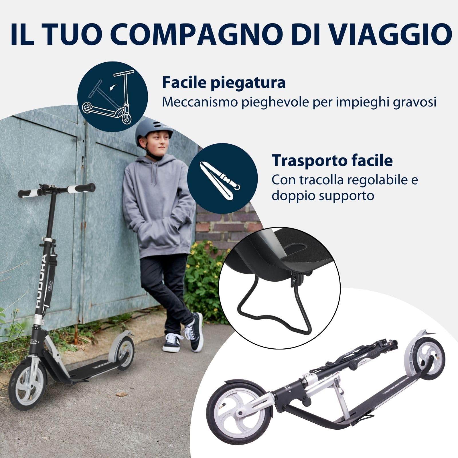HUDORA Monopattino BigWheel Air 230 - Monopattino con/senza freno a mano - Monopattino in alluminio resistente con pneumatici - Regolabile in altezza e pieghevole, per carico fino a 120 kg