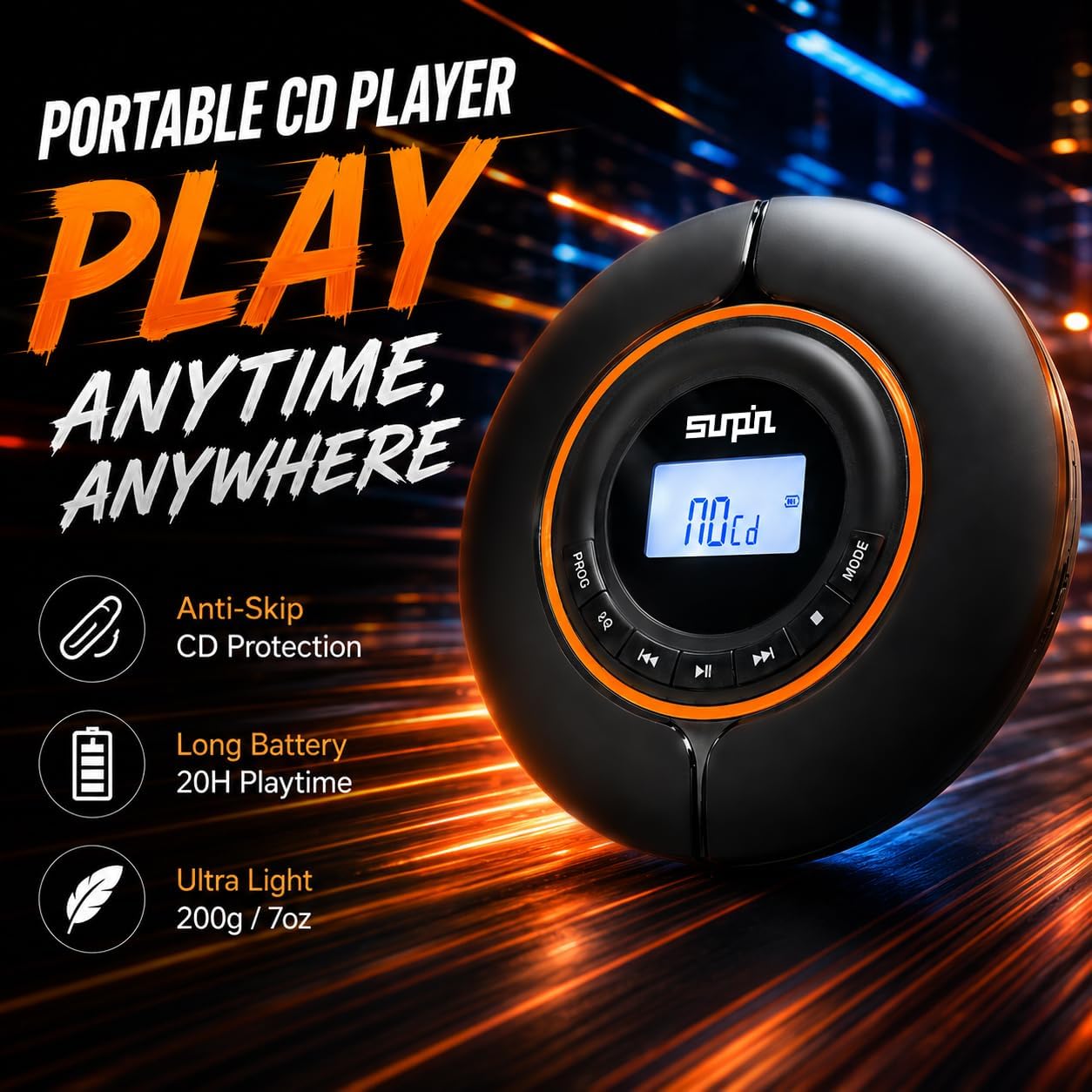 SUNPIN Portable CD Player, Bluetooth Output, USB-C Rechargeable