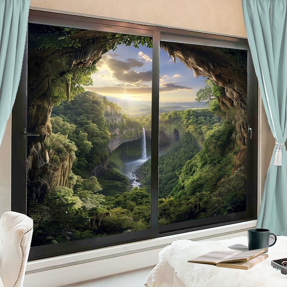 FOCCAFB Modern Waterfall View Stained Glass Window Film Rustic Forest Cave River Landscape Static Cling Sun Blocking Heat Control No Glue Window Covering for Room Decor 27.6Wx47.2L-inch x2 Pcs