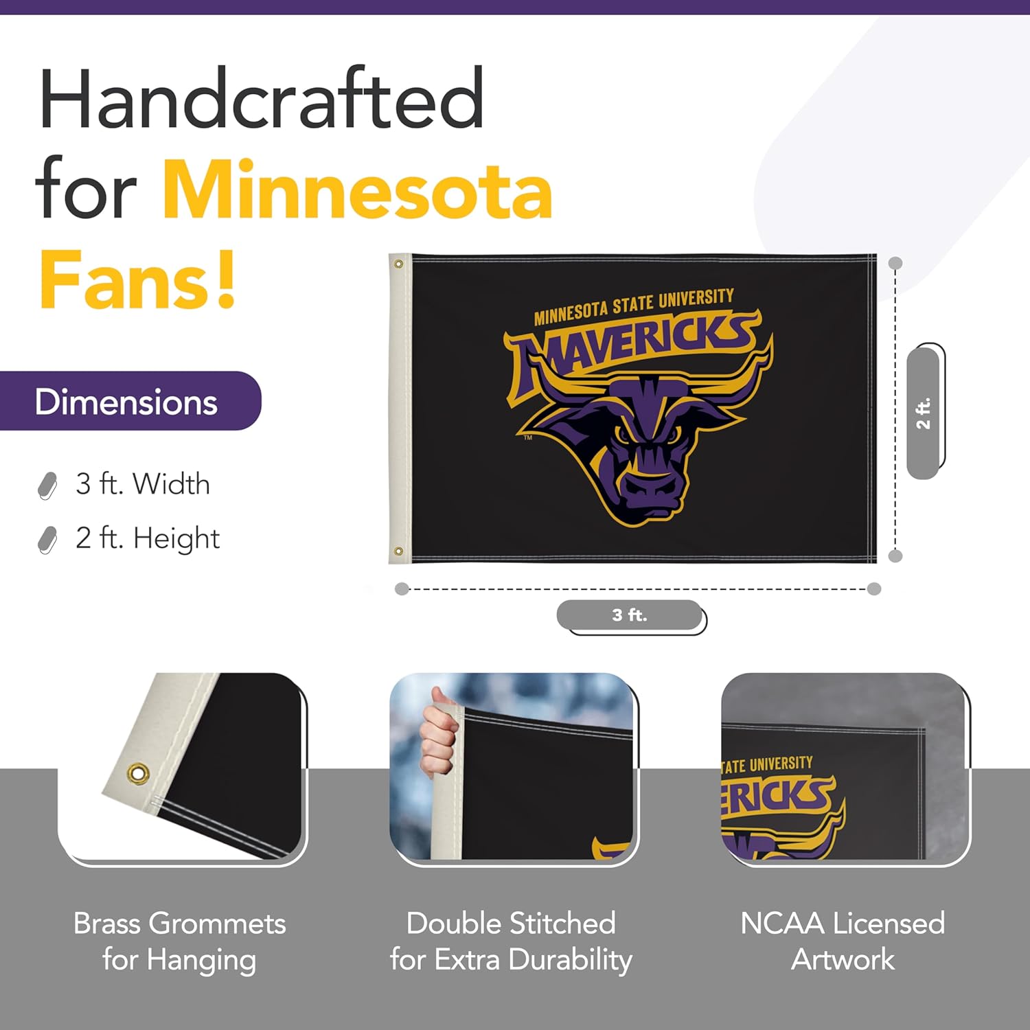Minnesota State Mavericks College Sports Printed Flag - NCAA Licensed - Super Polyester Knit - School Banner (Black, Purple, Yellow) (2' x 3')