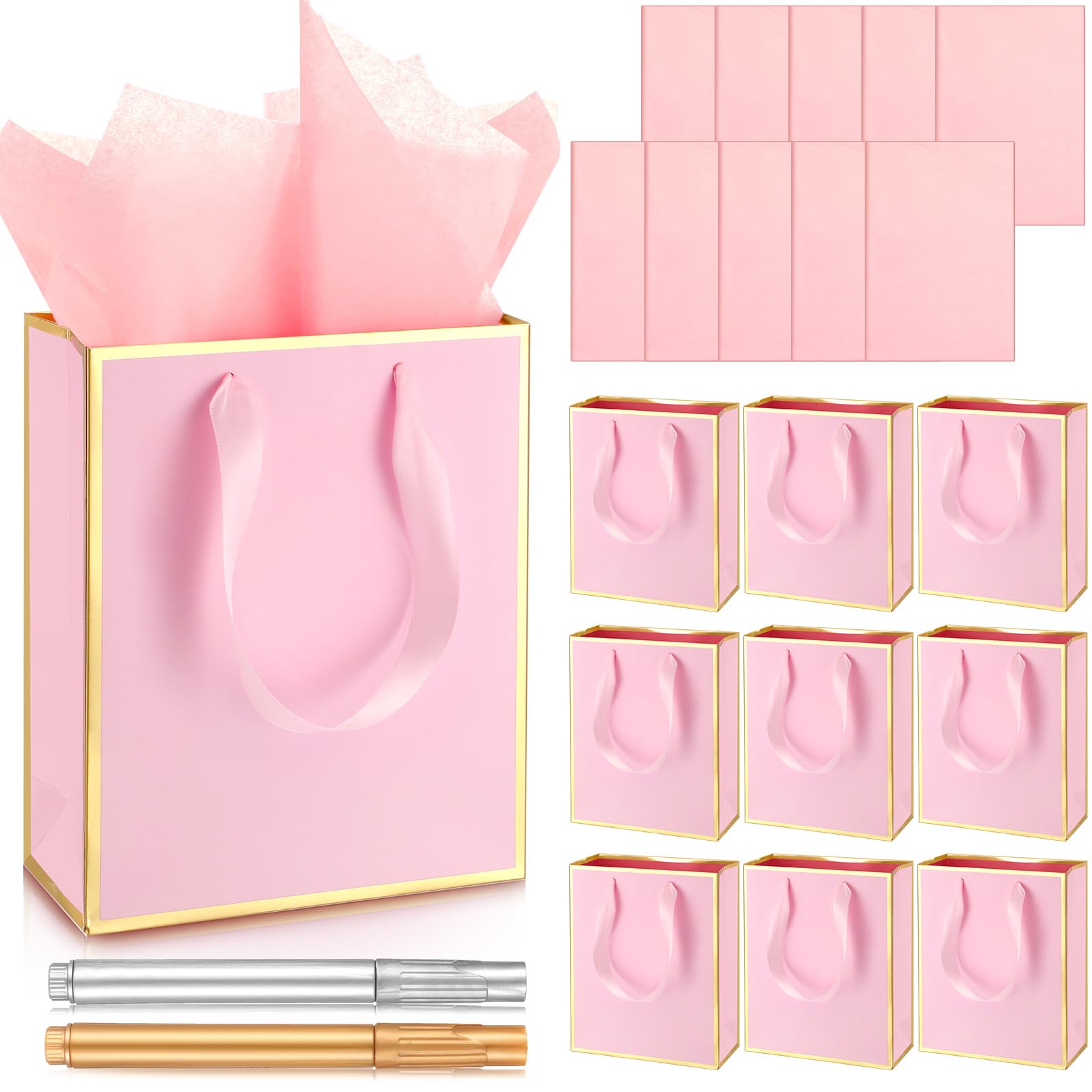 Yeaqee 10 Pack Metallic Paper Gift Bags with Handle Tissue Paper Thank You 5 Senses Gift Bag for Birthday Wedding Baby Shower Groomsmen Bridal