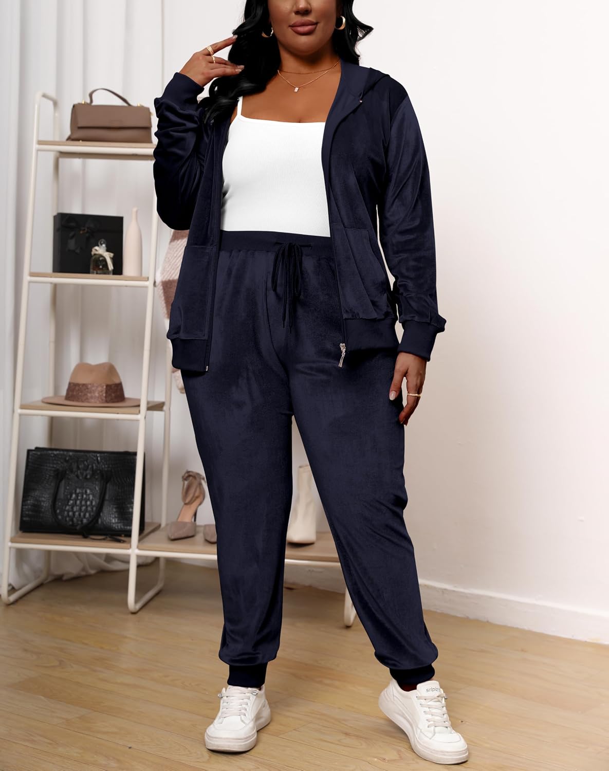 Tycorwd Women's Plus Size Two Piece Outfits Velour Sweatsuits Sets Long Sleeve Loungewear Tracksuit Sets