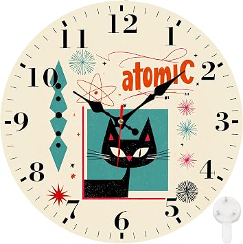 12" Silent Wall Clock,Round Wall Clock,Mid Century Retro Cat Atomic | Non-Ticking Silent, Battery Operated, Large Number, Easy to Read, Ideal Gift, Beautiful Decoration, Indoor & Outdoor Use