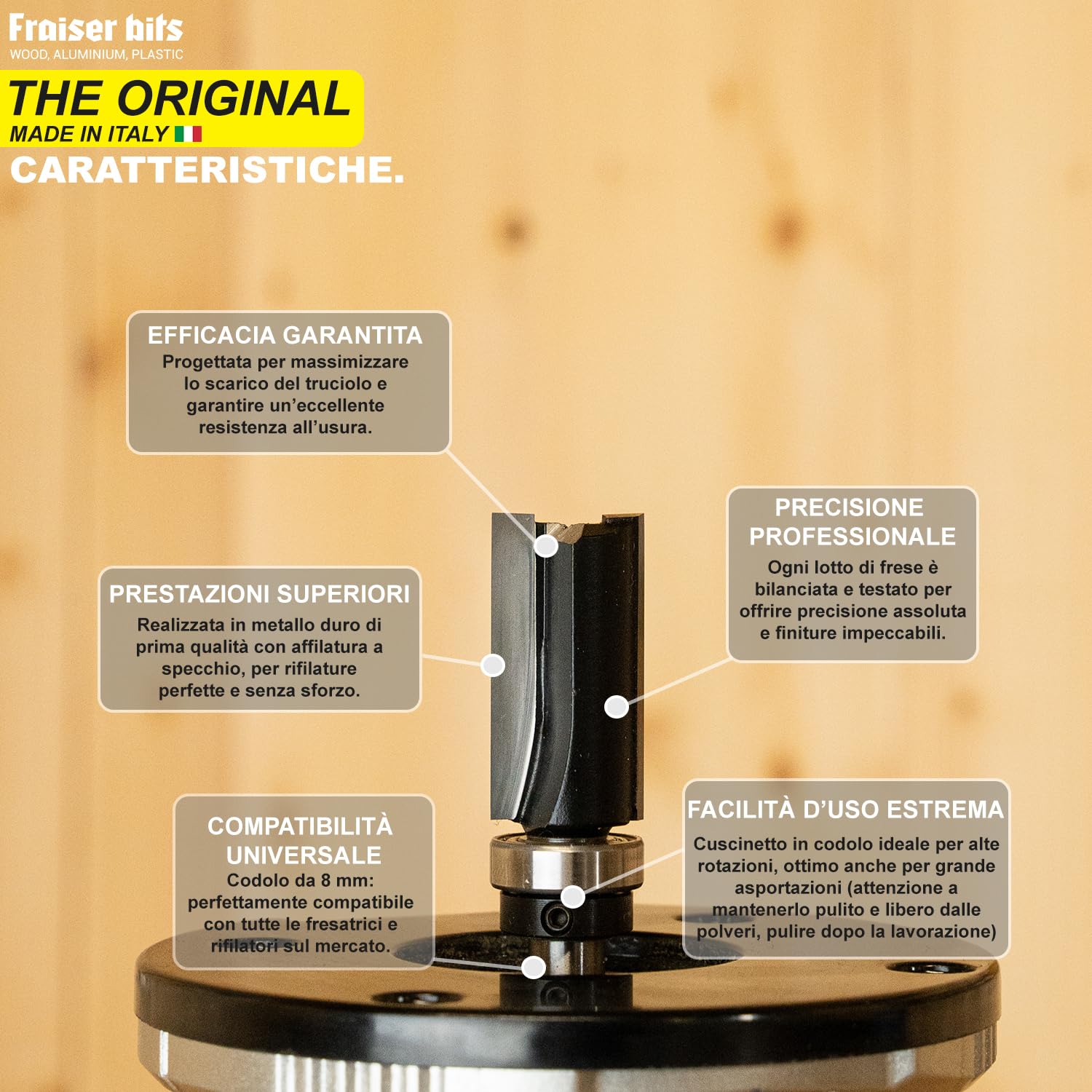 Fraiser - Fresa a copiare con cuscinetto per legno, diametro 16 mm, gambo 8 mm, per fresatrice verticale e rifilatore