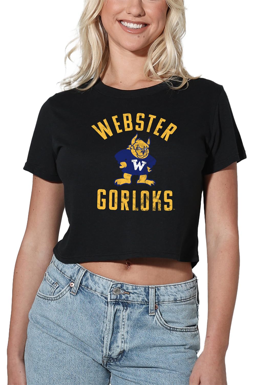Official Collegiate Large Distressed Logo Women's Apparel Crop Top T-Shirt Collection, Black