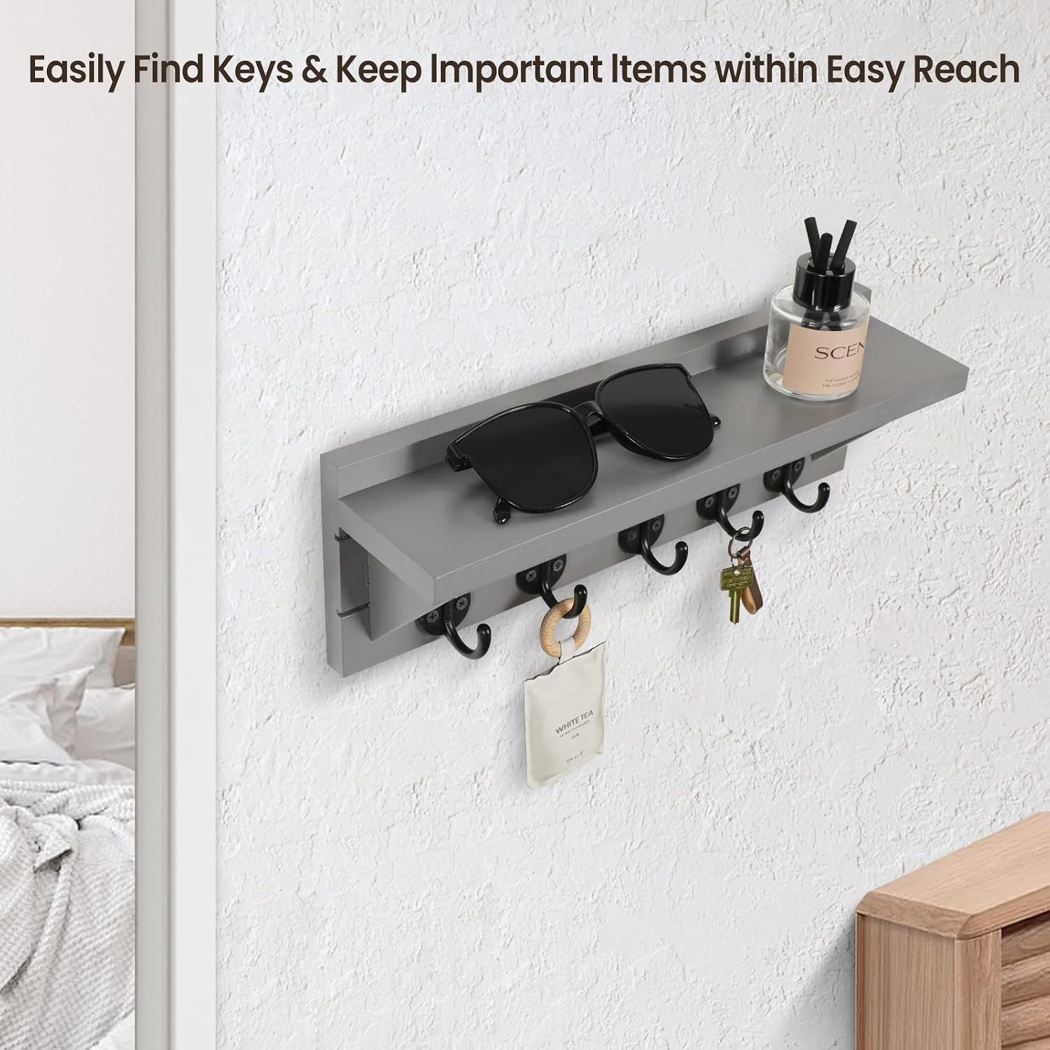 Lwenki Wall Key Holder with Shelf, Rustic Shelf with Hooks Made of Paulownia Wood Holds Keys, Dog Leash, Bags and More - 13.7" W x 4.7" H x 3.5" D Decorative Key Hanger and Entryway Shelf (Gray) image 4