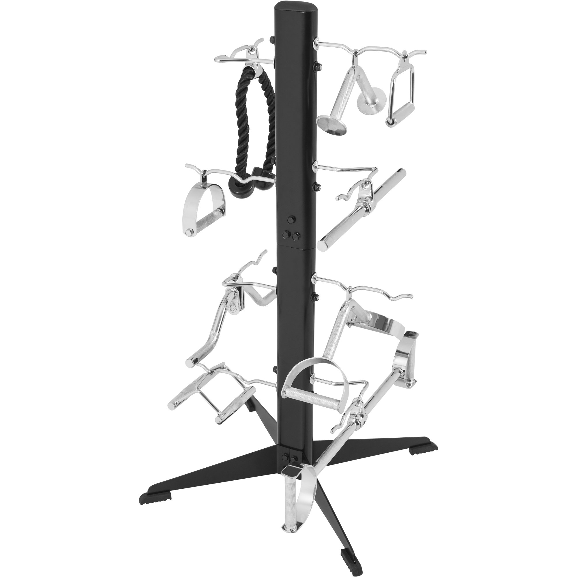 GORILLA SPORTS® Griffständer mit/ohne Latzuggriffe, 8 Ablagen, bis 100 kg | 65 x 59 x 124 cm, für bis zu 16 Zughilfen, mit gummierten Füßen; Schwarz, Bizeps-Trizeps-Stange, Kabelzuggriff, Rudergriff