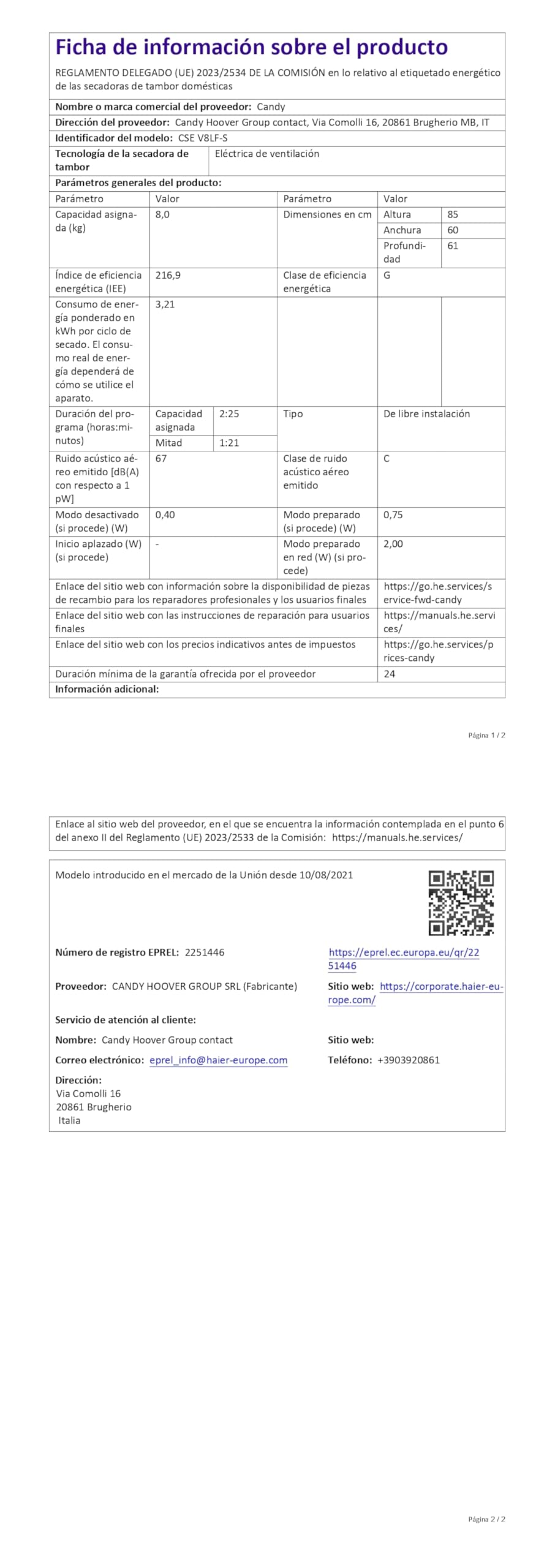 CANDY Sèche linge Evacuation CSEV8LF-S