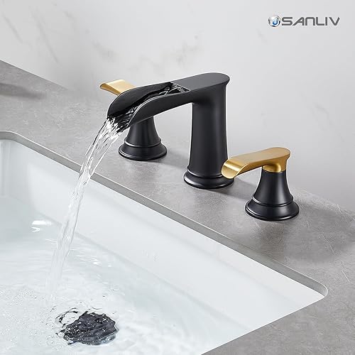 Miniatura 2 de Grifo de baño generalizado negro y dorado de 3 agujeros, cascada Sanliv, grifo de tocador de 2 manijas y 3 azadas con montaje de drenaje