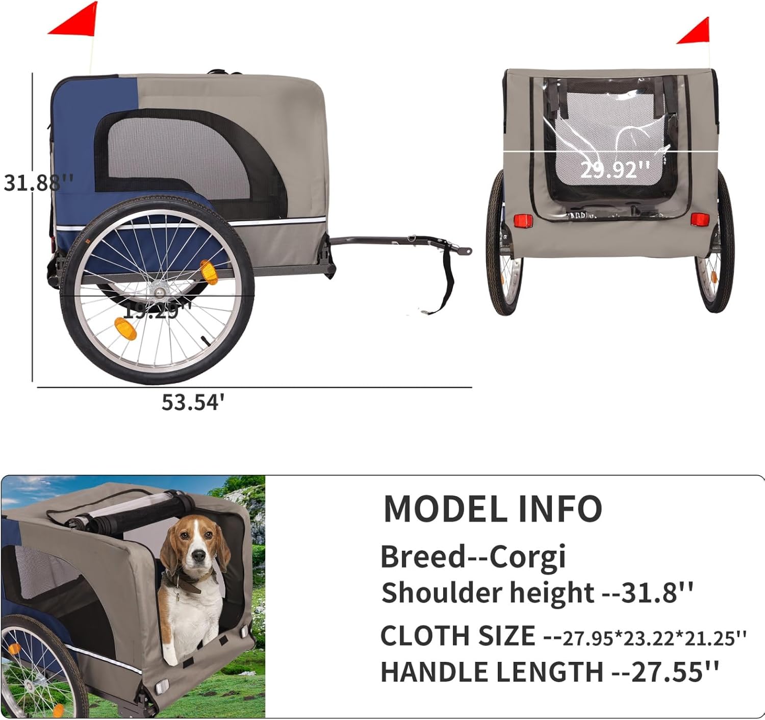 Dog Bike Trailer - Folding Pet Trailer Car for Bicycle, Folding Pet Carrier with 20 Inch Wheels, 2 Entrances, Safety Flag, Easy to Connect & Store