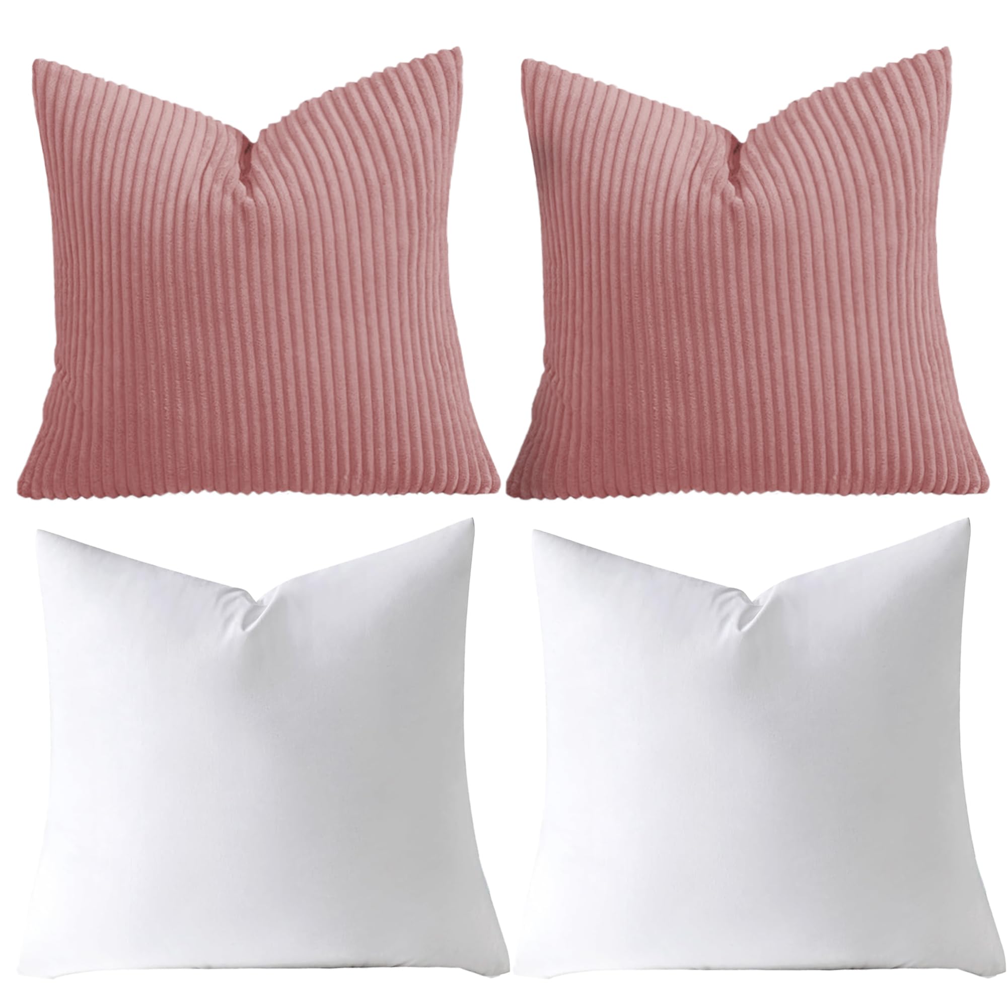 AMEHA Stripe Blush Pink Velvet Cushions with covers included Pack of 2 (2 Covers 45 x 45 cm, 2 Inserts) Square throw Pillowcases with Invisible Zipper for Sofa Bed Livingroom 18”x18” inches