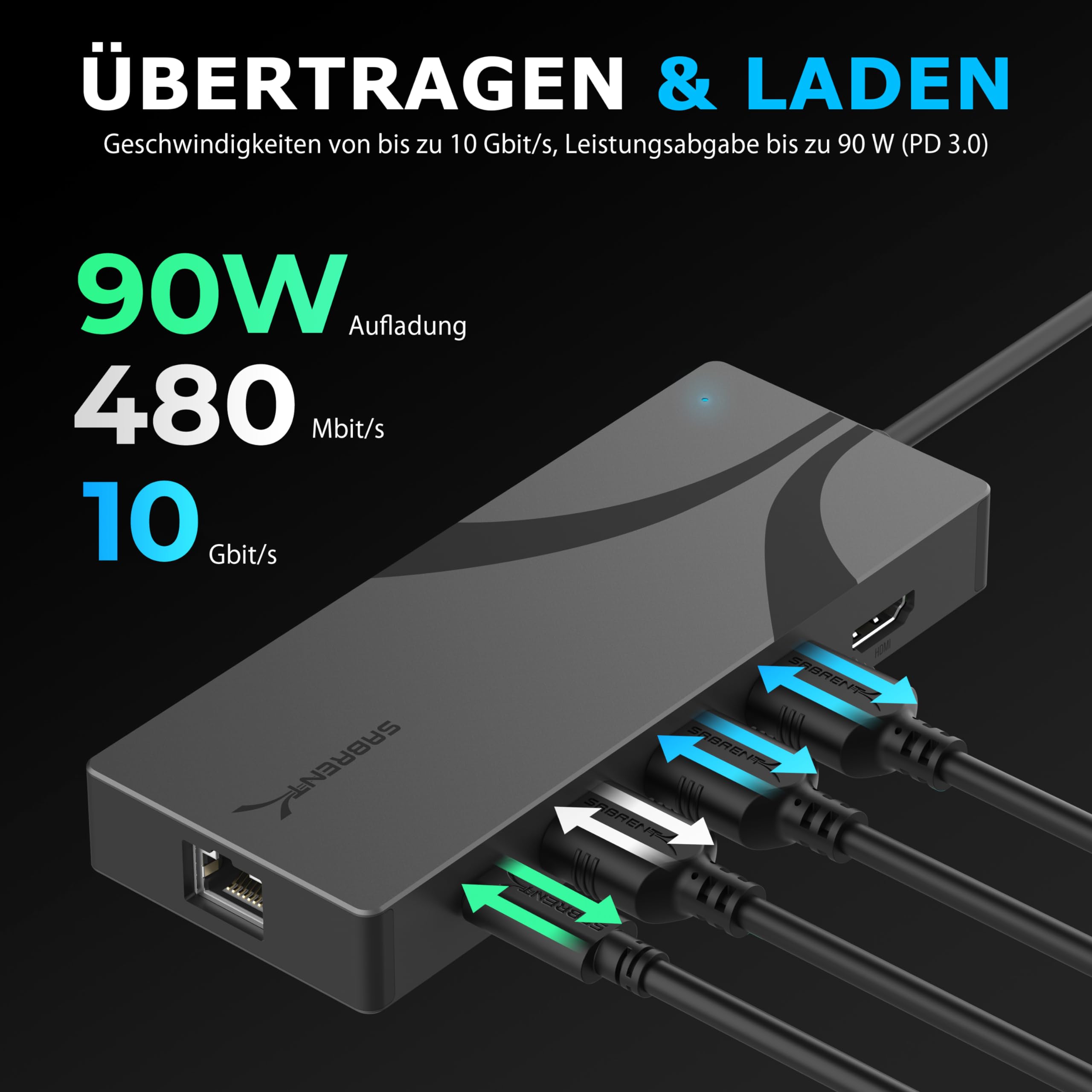 SABRENT 6 in 1 USB C Dockingstation mit M.2 NVMe SSD Slot, 2 USB 3.2x2 (10 Gbps), 90W Power Delivery, 4K@60Hz HDMI Port, RJ45 1000 Mbps Ethernet Port [HB-6PNV]