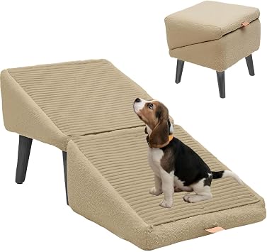 Split Ottoman Dog Ramp, Folding Dog Stairs, 2-in-1 Lightweight Dogs Ramp Ottoman, All-in-One Dog Ramp and Ottoman for Large and Small Dogs, 14.5" H pet Chair with Ramps for Bed Kakki, Large