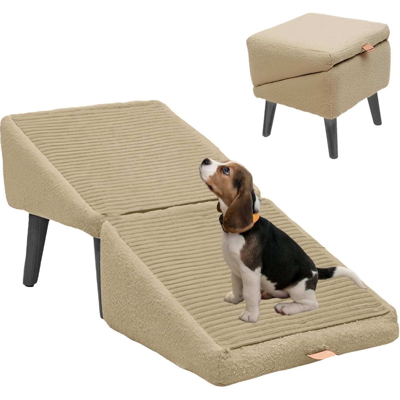 Split Ottoman Dog Ramp, Folding Dog Stairs, 2-in-1 Lightweight Dogs Ramp Ottoman, All-in-One Dog Ramp and Ottoman for Large and Small Dogs, 14.5" H pet Chair with Ramps for Bed (Kakki, Large)