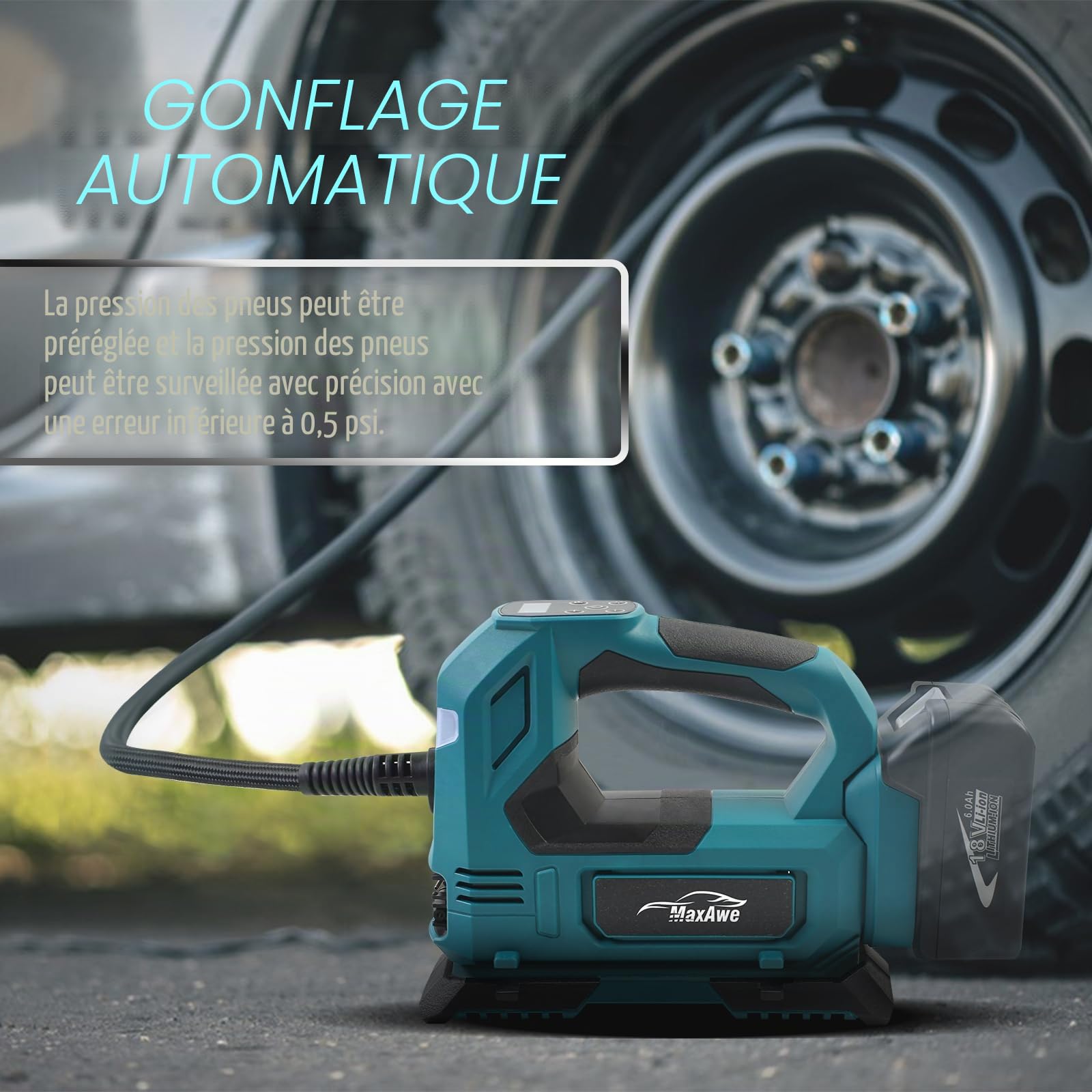 MaxAwe Compresseur à batterie pour Makita 18 V, pompe à air électrique sans fil avec câble auto et 3 buses, gonfleur portable avec lumière LED, pour voitures, motos, vélos, ballons (sans batterie)