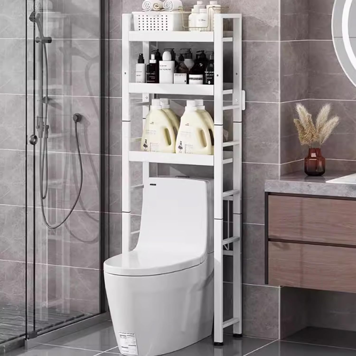 Over The Toilet Storage Cabinet, 3-Tier Over Toilet Bathroom Organizer, Freestanding Bathroom Storage Rack, Above Toilet Shelf with Adjustable Feet, Space Saving(Black)