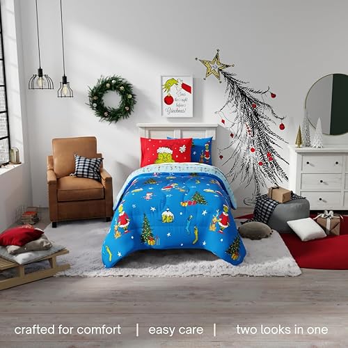 Miniatura 4 de Grinch de Dr. Seuss Juego de Ropa de Cama Festiva y Navideña, Juego de Edredón y Sábanas Suave con Funda, Tamaño Twin de 5 Piezas, (Producto Oficial