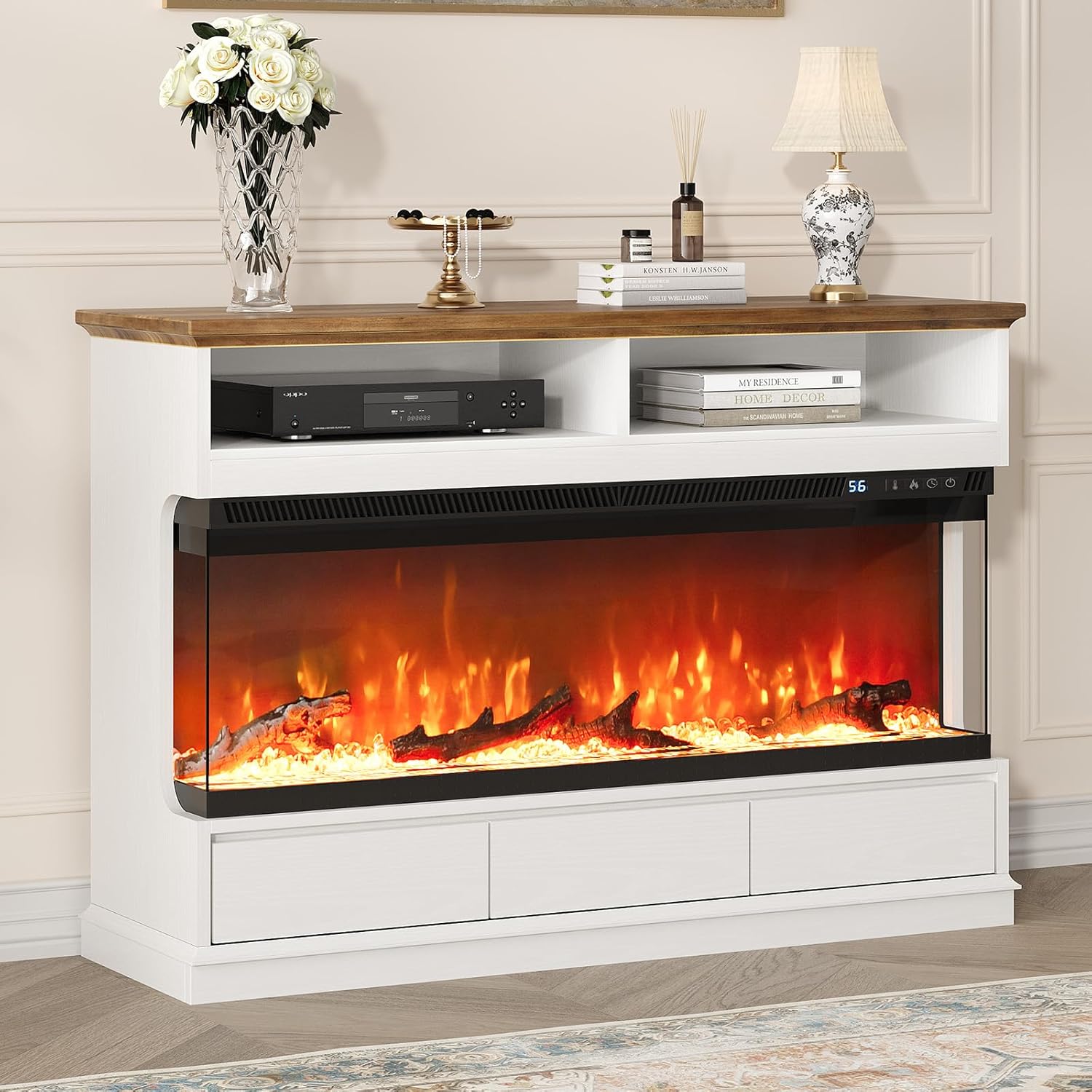 4 EVER WINNER Fireplace TV Stand with 50" Electric Fireplace, Fireplace Entertainment Center with 3-Side Glass Insert, 3 Drawers, TV Stands for Living Room, White