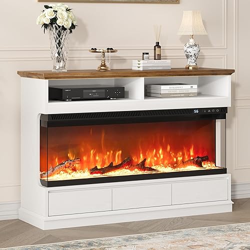4 EVER WINNER Fireplace TV Stand with 50" Electric Fireplace, Fireplace Entertainment Center with 3-Side Glass Insert, 3 Drawers, TV Stands for Living Room, White