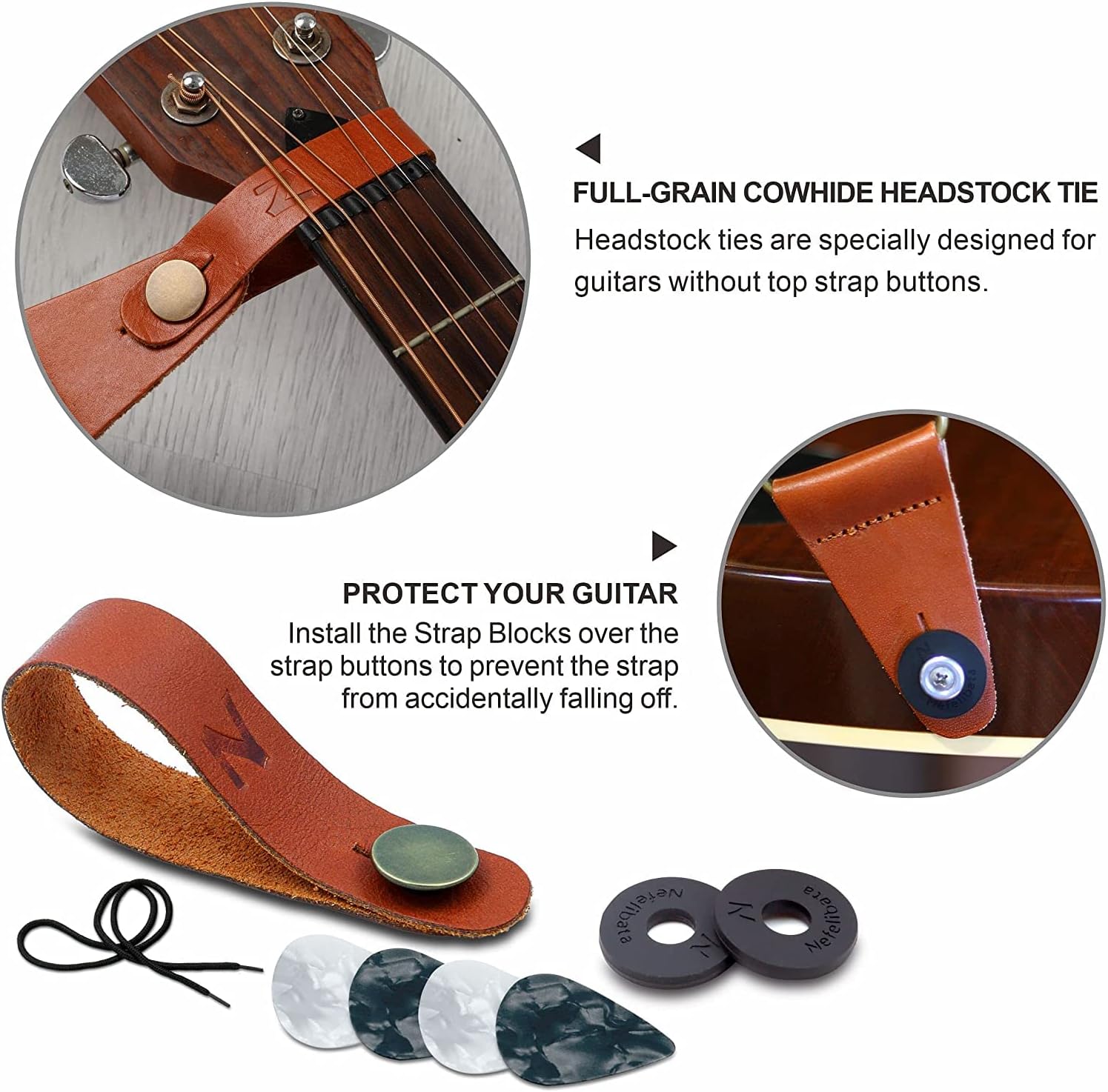 Guitar Strap with Pick Pocket, Vintage Nylon Full Grain Leather Ends Guitar Straps for Bass, Electric & Acoustic Guitar, Come with Free Strap Button, 1 Pair Strap Locks and 4 Guitar Picks (Beige) : Musical Instruments