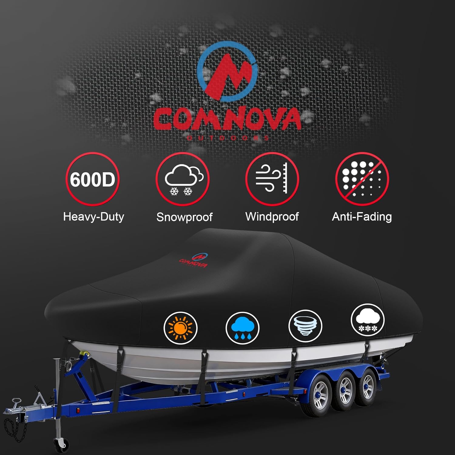 Comnova Boat Cover 16-18.5 FT - Marine Grade Trailerable Boat Cover Heavy Duty & Waterproof - Fit 16 to 18.5ft V-Hull, Tri-Hull, Fishing Boats, Runabout, Bowrider, Fish & Ski and Pro-Style Bass Boats