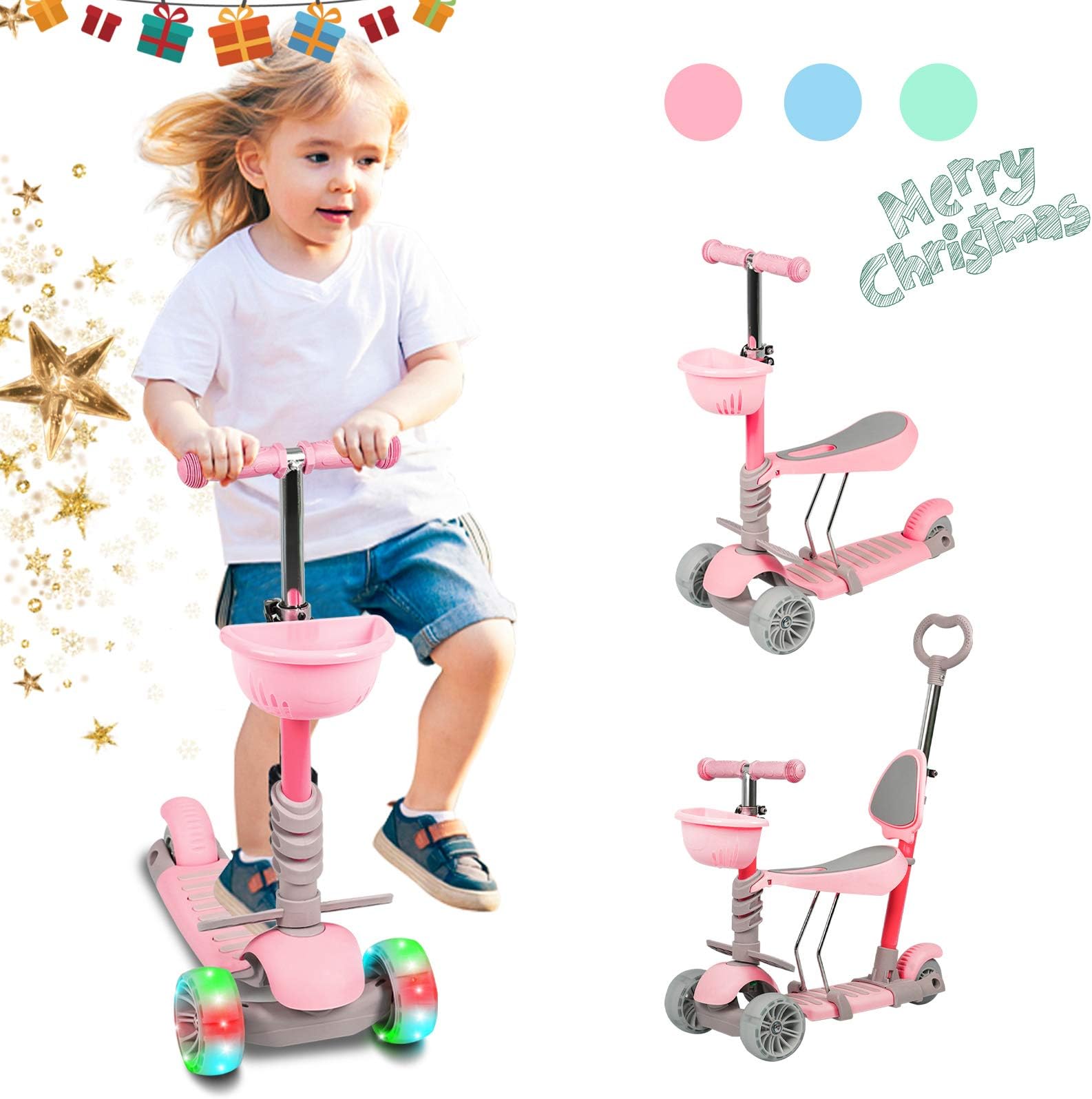 5-in-1 Kids Scooter, 3 Wheels Kick Scooter with Pedal Adjustable Removable Seat & Backrest & Push Handle, Lightweight Kid's Toddler Scooter with Flashing Led Light Up Wheels for Boys and Girls