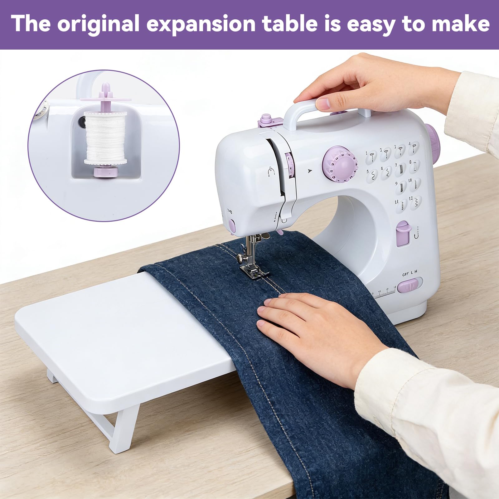 Máquina de coser eléctrica púrpura con mesa de extensión, juego de 11 prensatelas y kit de costura de 97 piezas, pedal de 2 velocidades, ideal para principiantes, adultos, niños, uso doméstico