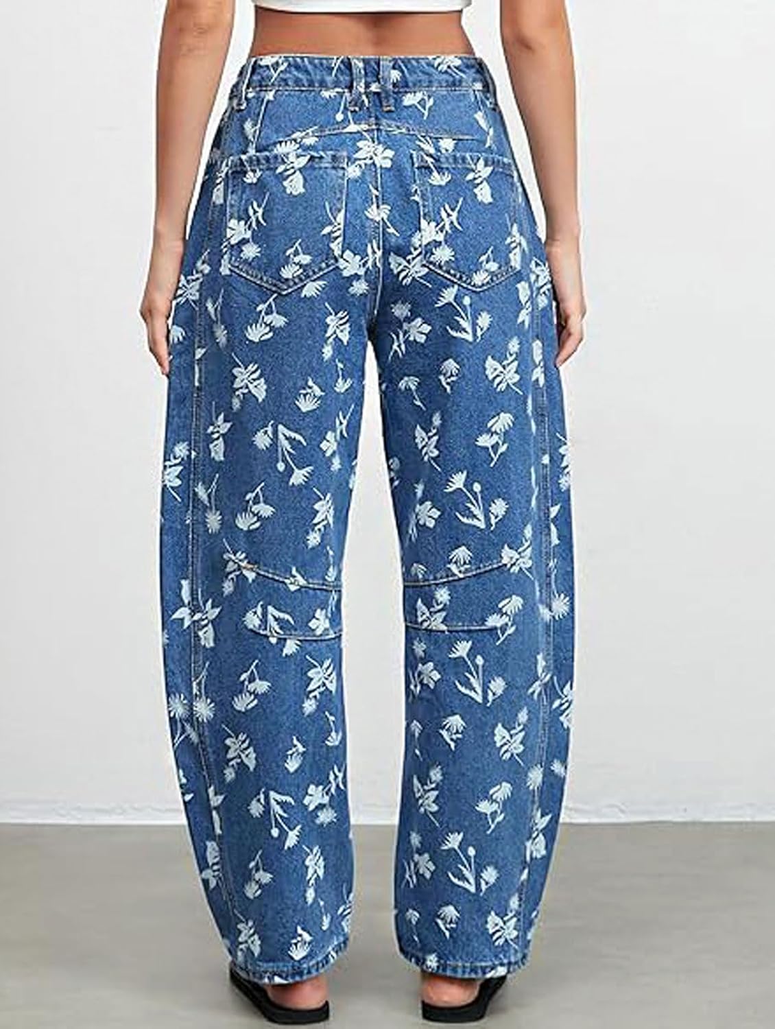 loveimgs Women Boyfriend Mid Rise Floral Print Jeans Denim Ankle Pants Y2k Flower Printed Straight Wide Leg Jeans Sweatpants