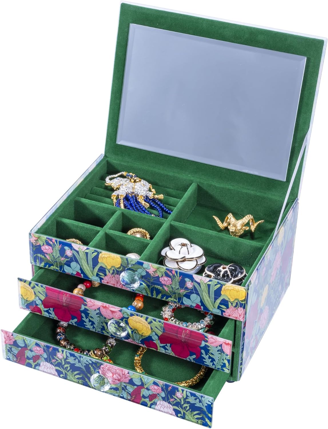 MAGRACE 3-Tier Jewelry Box with Mirror, Floral Glass Shell Jewelry Storage & Oragnizer with Flip Top & 2 Drawers, Green Velvet Lining, Vanity Countertop Decor (Medium)