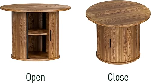Miniatura 7 de Mesa auxiliar redonda pequeña de 27.6 pulgadas para sala de estar, mesa auxiliar acanalada de granja con almacenamiento de estante de 2 neumáticos,