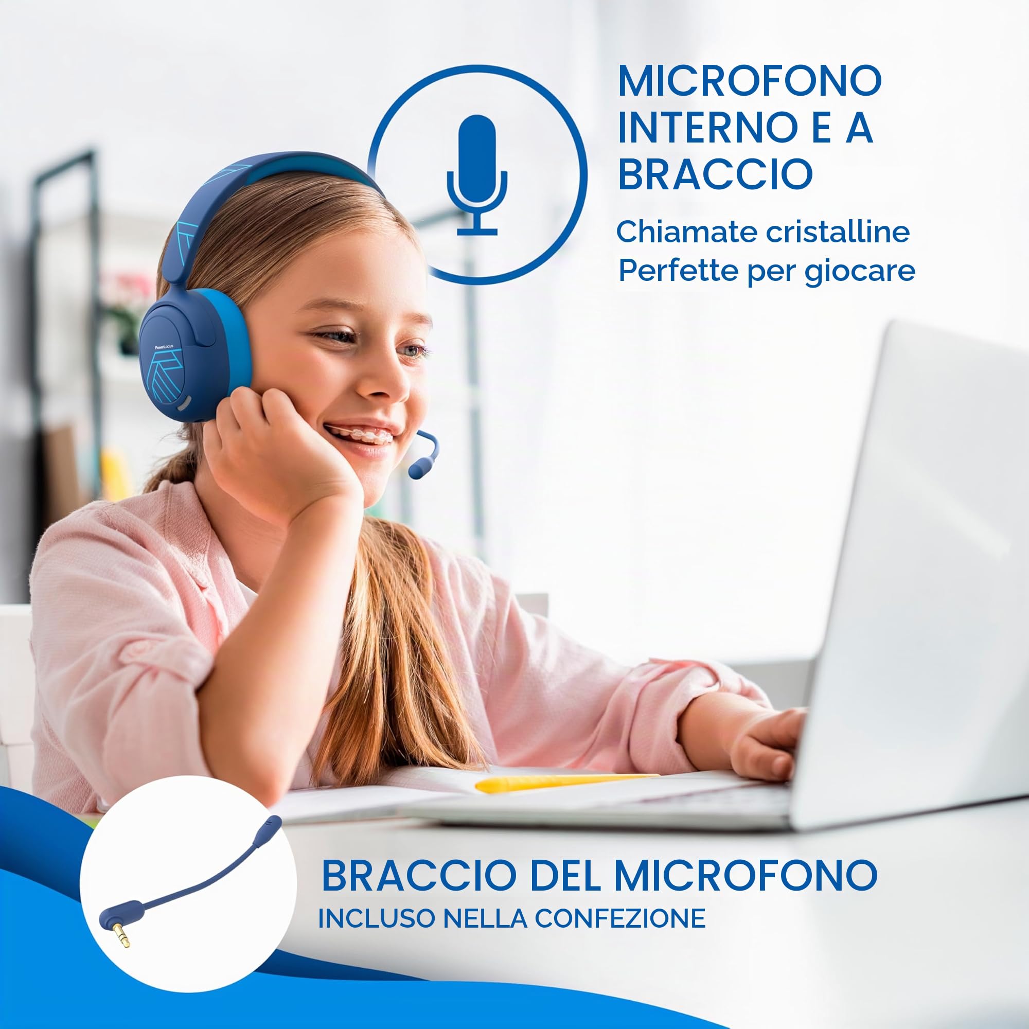 PowerLocus Cuffie Bluetooth per Bambini, Cuffie Over Ear con Cancellazione del Rumore Attiva, Cuffie con Limitatore Volume 74/85/94dB, 70 Ore Autonomia, Boom Microfono e Custodia per Viaggi, Tablet