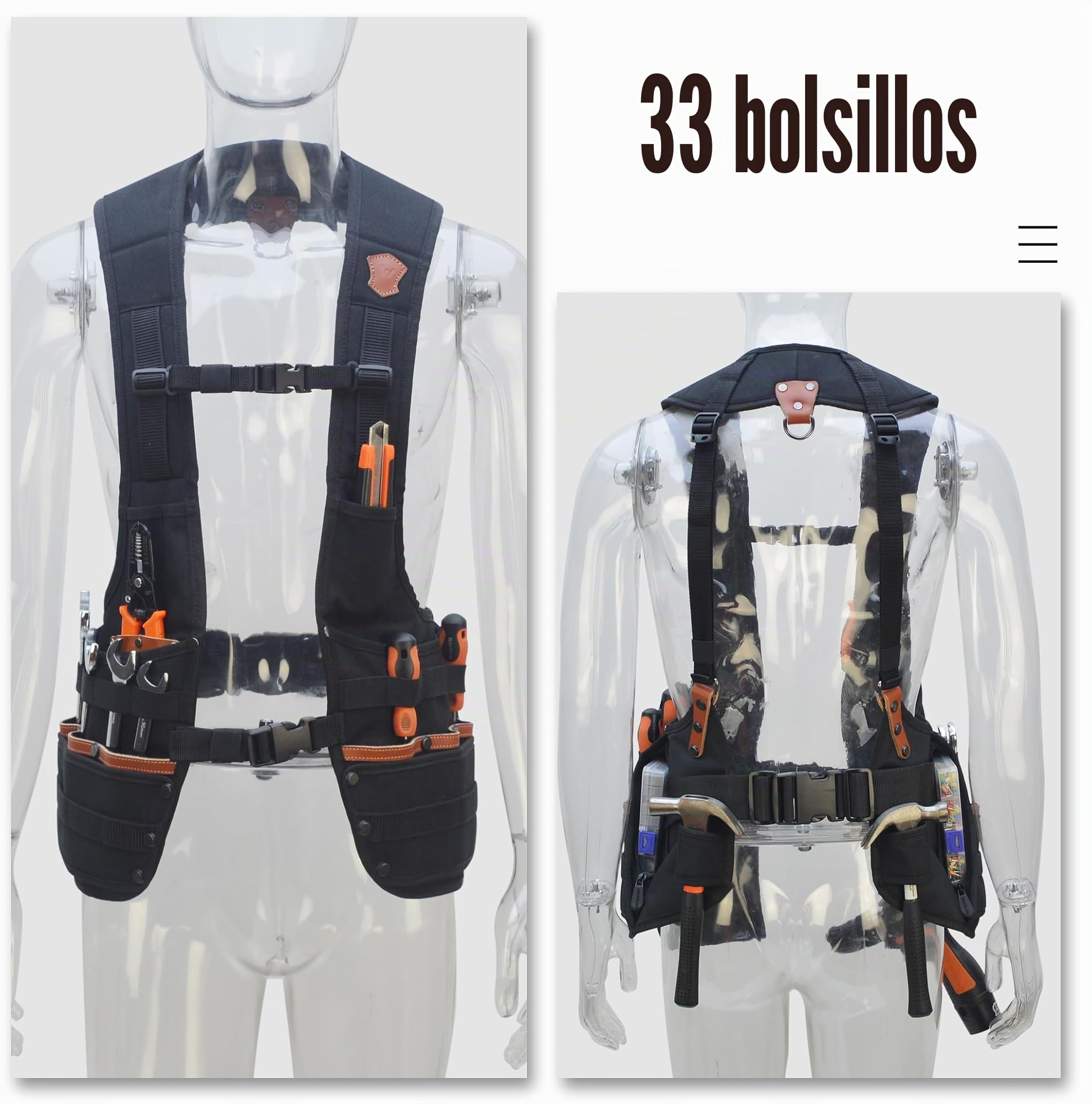 WELKINLAND parte superior-G - Chaleco de herramientas de piel para hombre, electricista, construcción y carpinteros con múltiples bolsillos, Negro -, Large