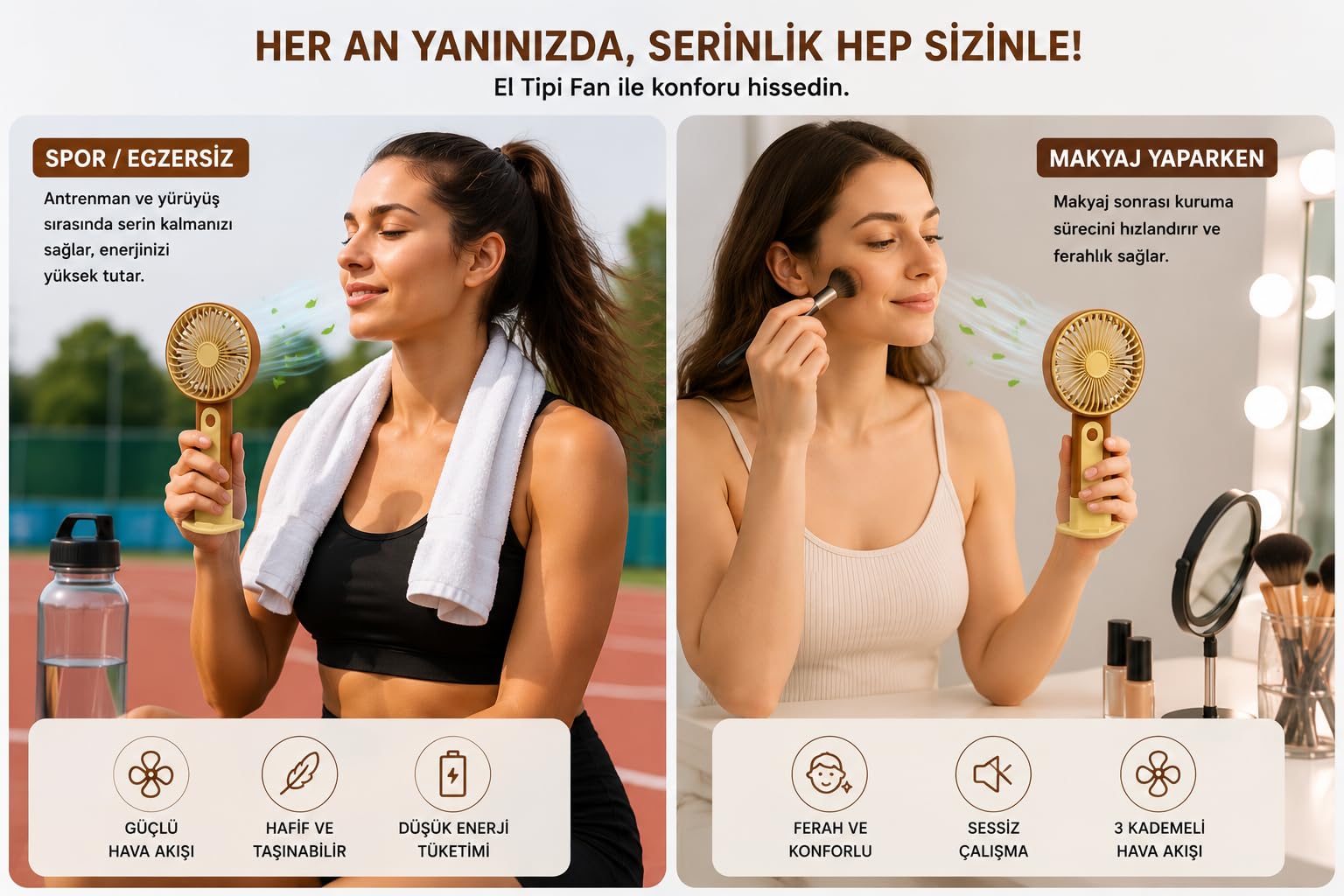 Mini El Fanı USB Şarjlı Type-C Bağlantılı 3 Kademeli Taşınabilir Elektrikli Fan Masaüstü ve El Tipi Kullanım Kahverengi Renk Serinletici Fan
