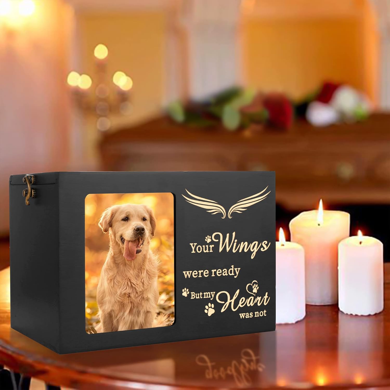 Pet Memorial Urns for Dog or Cat Ashes - Large Wooden Funeral Cremation Urns with Photo Frame, Keepsake Memory Box with Black Flannel Lining - Image 6