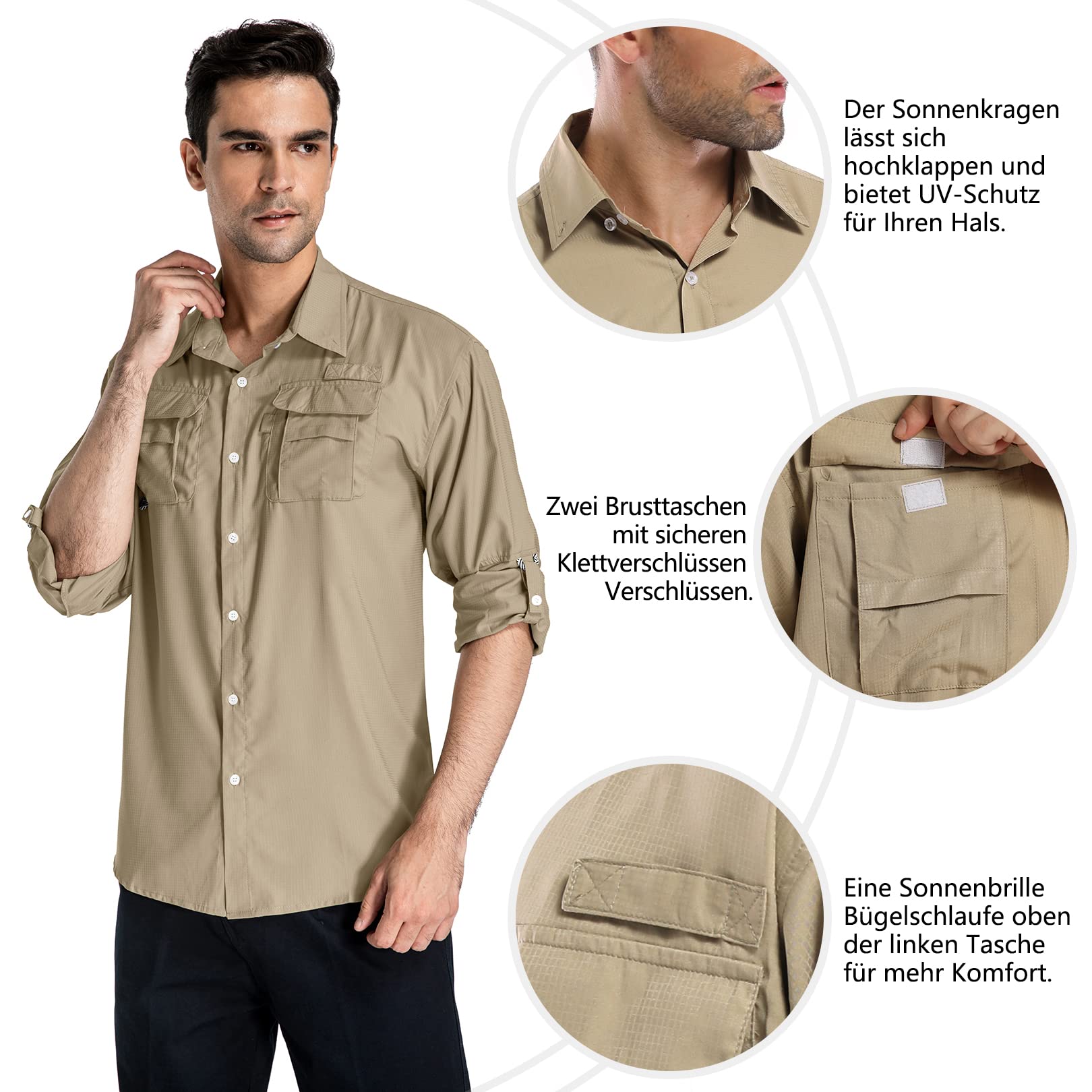 yeyity Outdoor Langarm Safari Hemd UPF50 UV Schutz Funktionshemd Atmungsaktiv Button Down Hemd für Wandern Angeln Trekking