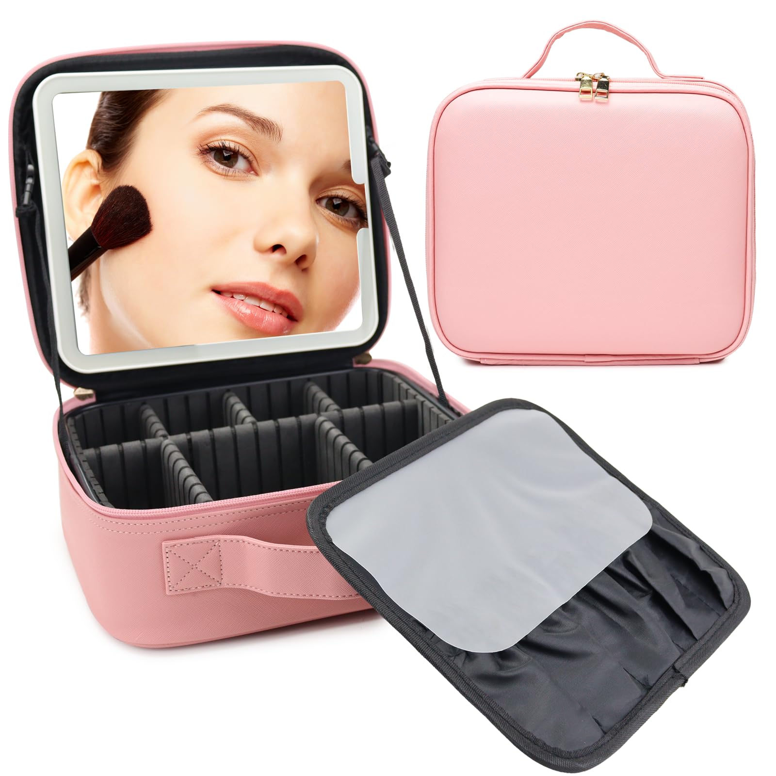 SLUMAZI Travel Makeup Bag with LED Mirror and 10x magnifying glass with 3 Lighted Settings, Adjustable Dividers and Makeup Brush Storage Bag Pink