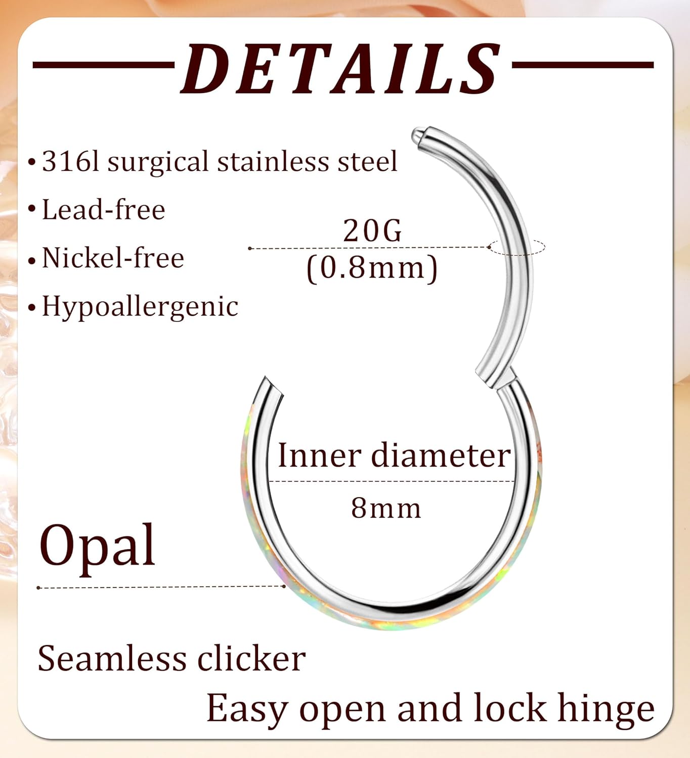 Opal Septum Ring 16G 18G 20G Hinged Hoop Ring for Women Stainless Steel Opal Nose Ring Hoop Septum Piercing Clicker Ring Cartilage Tragus Helix Earrings Conch Piercing Jewelry - Image 2