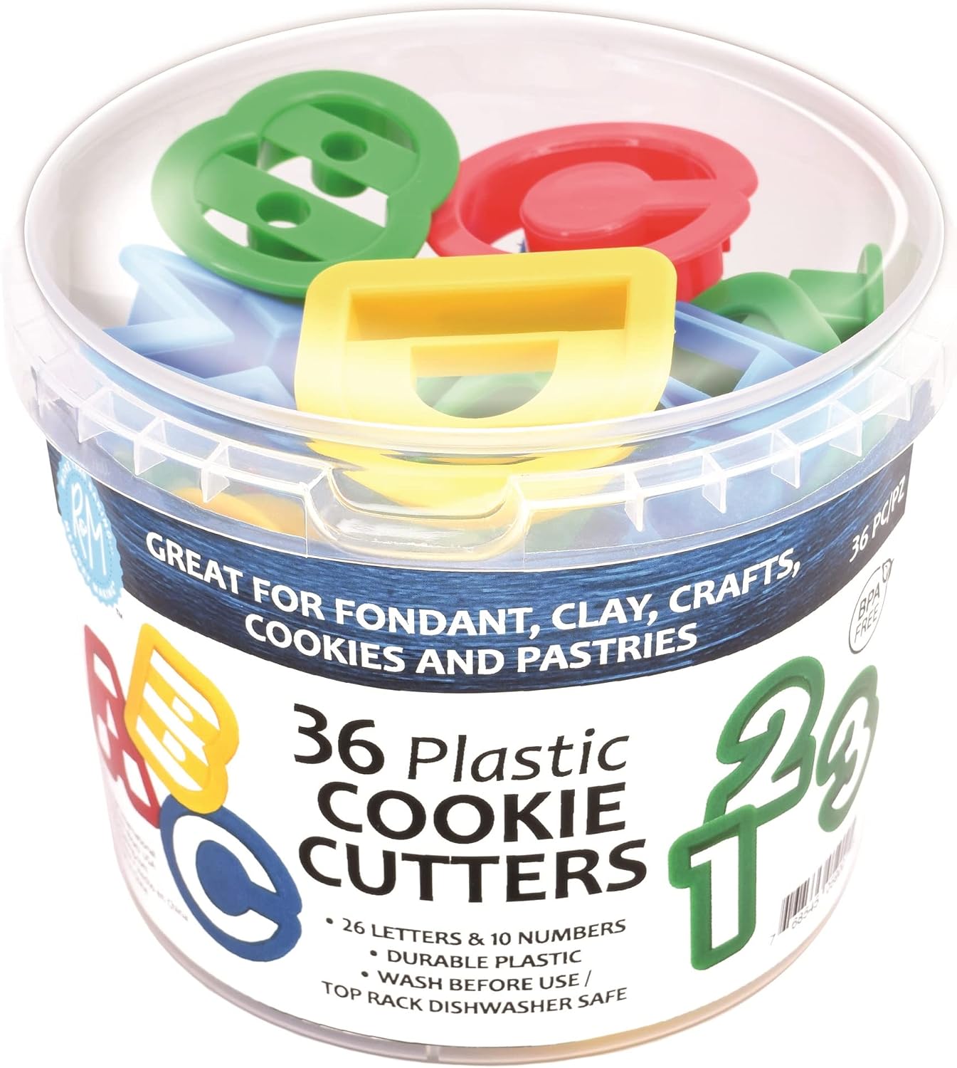 R&M International Alphabet and Number 1.5" Cookie Cutters, 36-Piece Bucket