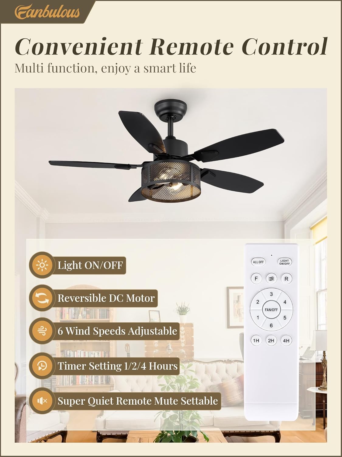 Image of the Fanbulous ceiling fan remote control, highlighting buttons for light ON/OFF, reversible DC motor, 6 wind speeds adjustable, and timer settings (1/2/4 hours).