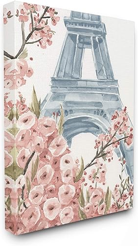 Stupell Industries Lienzo decorativo para pared, diseño de flores de París, Torre Eiffel, color rosa y azul, acuarela, 16 x 20 pulgadas, diseño por