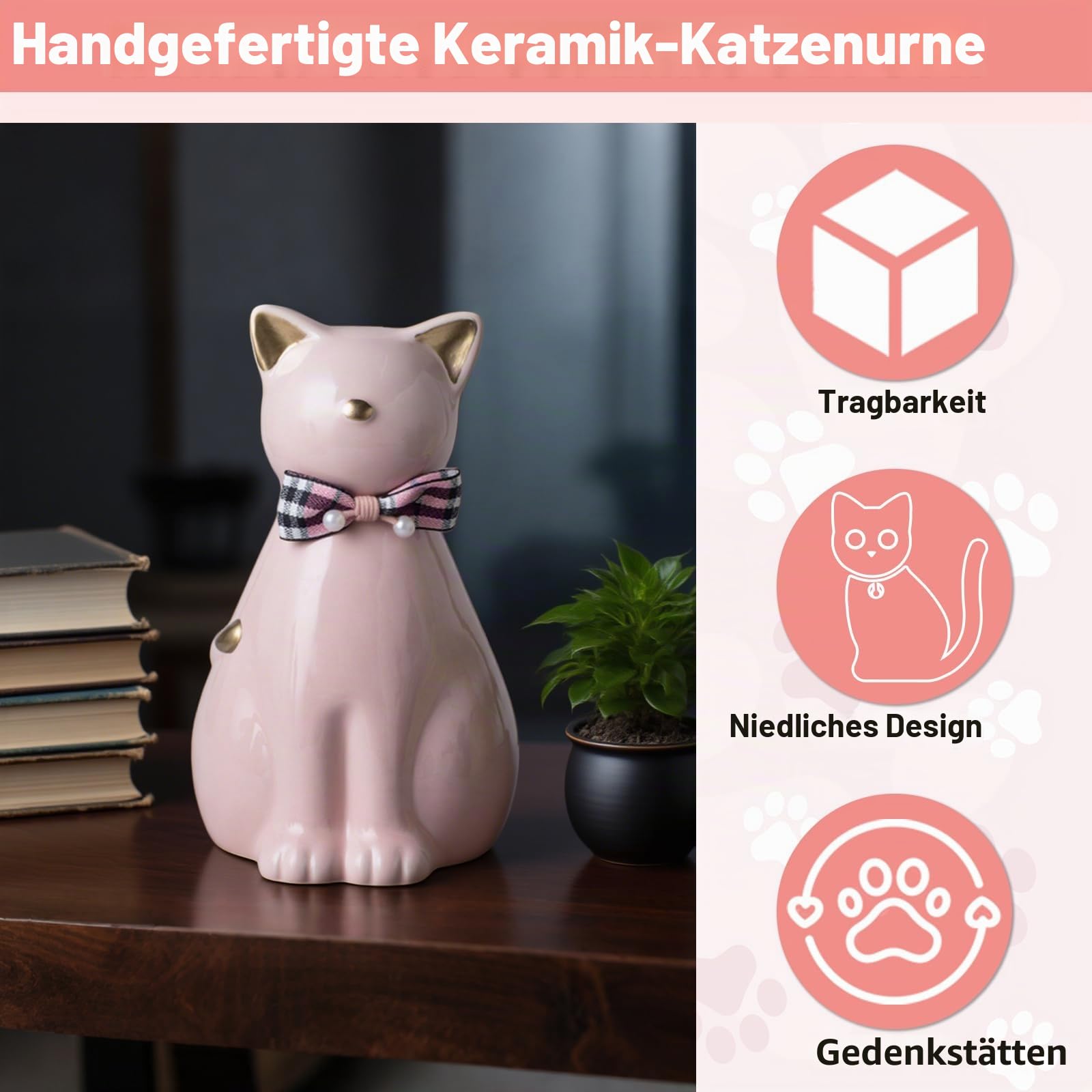 Handgefertigte Keramik-Katzen-Urne für Asche, Katzenstatue, Beerdigung, Gedenkgeschenk, Haustierurne für den Innen- und Außenbereich (Schwarz, Einheitsgröße)