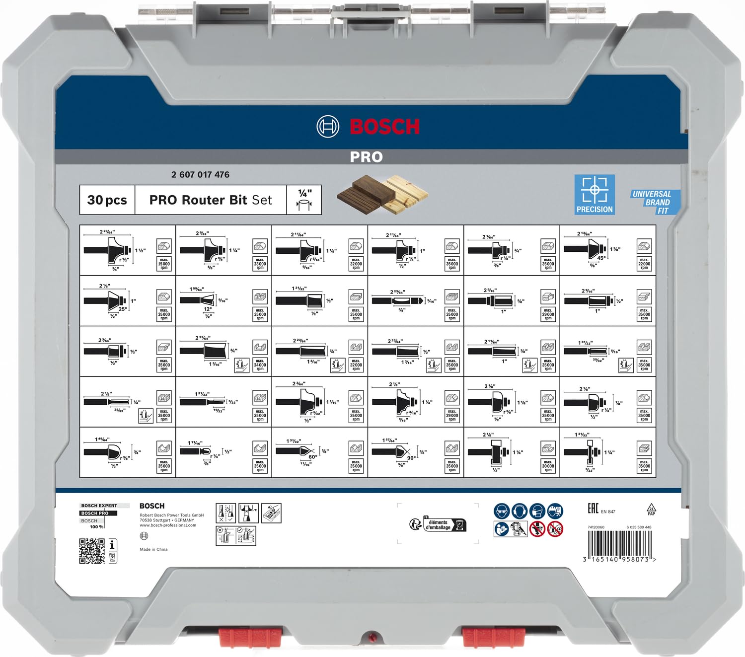Bosch Professional 2607017476 30tlg. Set di frese (per legno, per frese verticali con gambo da 1/4"