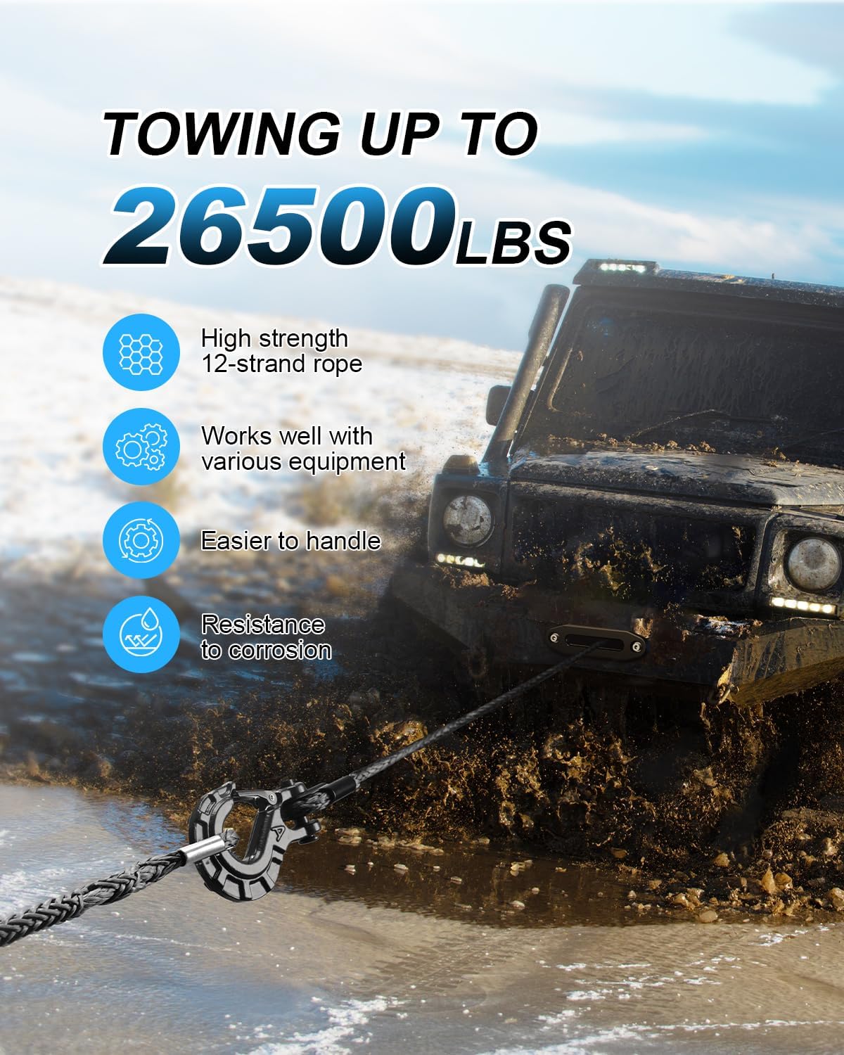 Kolvoii Winch Rope Extension 3/8 Inch x 50 Ft 26,500 Lbs, Synthetic Winch Extension Cable Line for Off Road Vehicle ATV UTV Truck etc (Grey)
