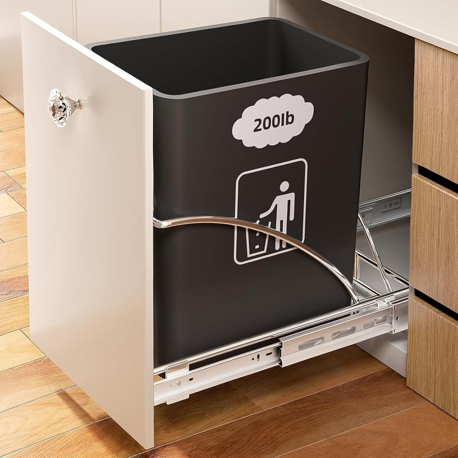 Pull Out Trash Can Under Cabinet, 50Qt 7-13Gal Garbage Can Cabinet Trash Bin Pull Out Kit, Under Sink Trash Can with Cabinet Door Connector and Glass Handle &Can Bands,Can Not Included (Silver)