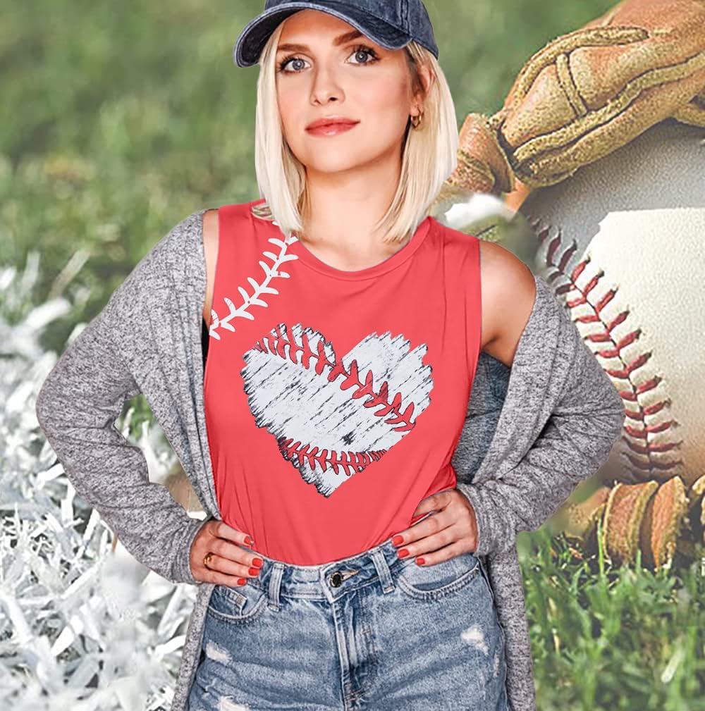 Baseball Tank Tops Women Baseball Heart Print Shirt Funny Play Ball Tank Casual Sleeveless Vest Summer Graphic Tee Top - Image 3