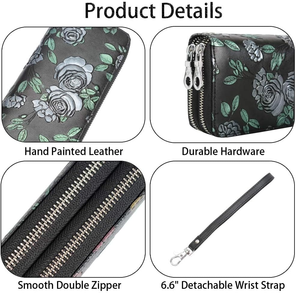 Women's Wallet RFID Blocking Leather Double Zipper Cellphone Wallet Long Purse with Removable Wrist Strap